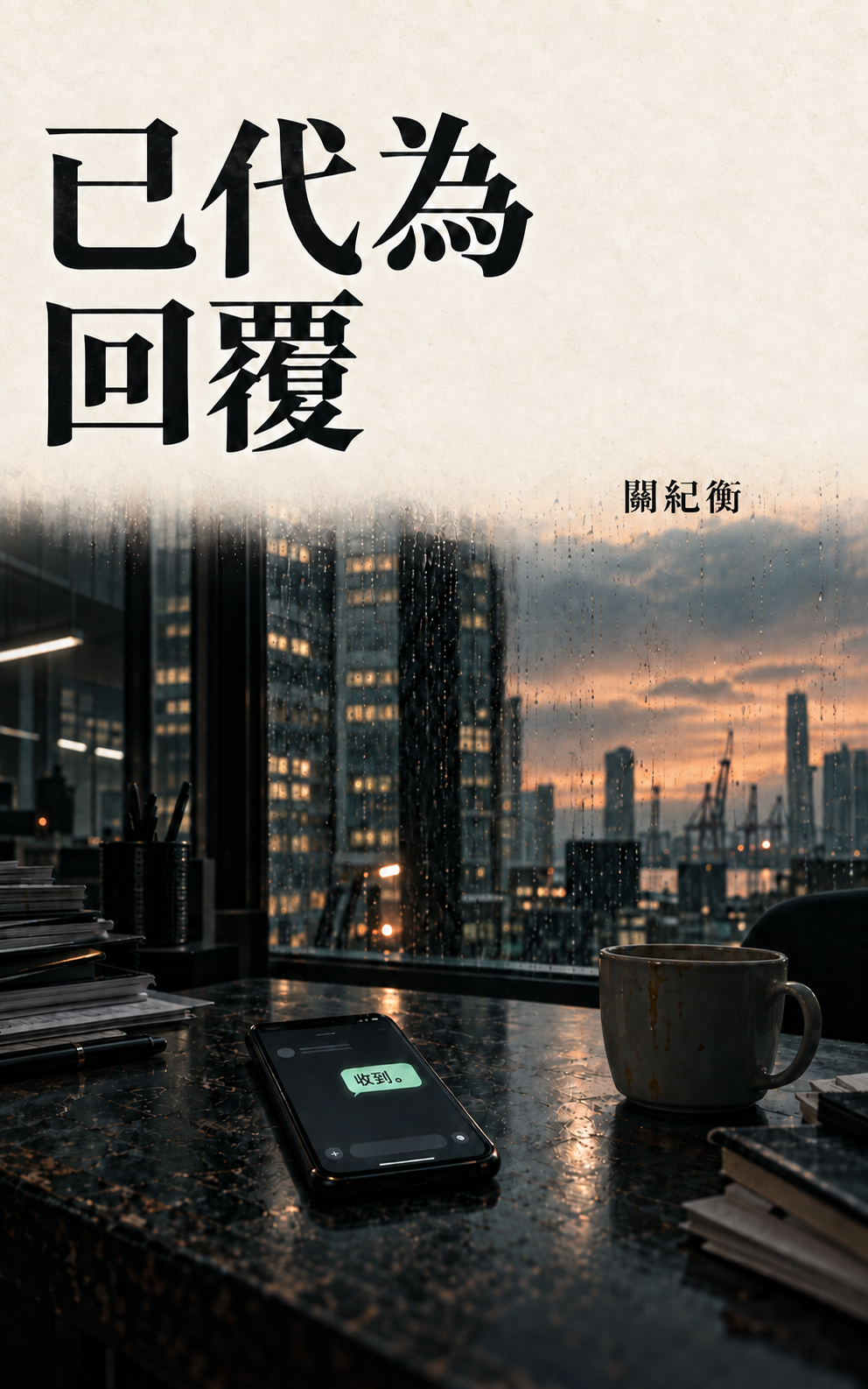 《已代為回覆》電子書封面，雨窗外的城市與桌上的手機，螢幕顯示「收到。」